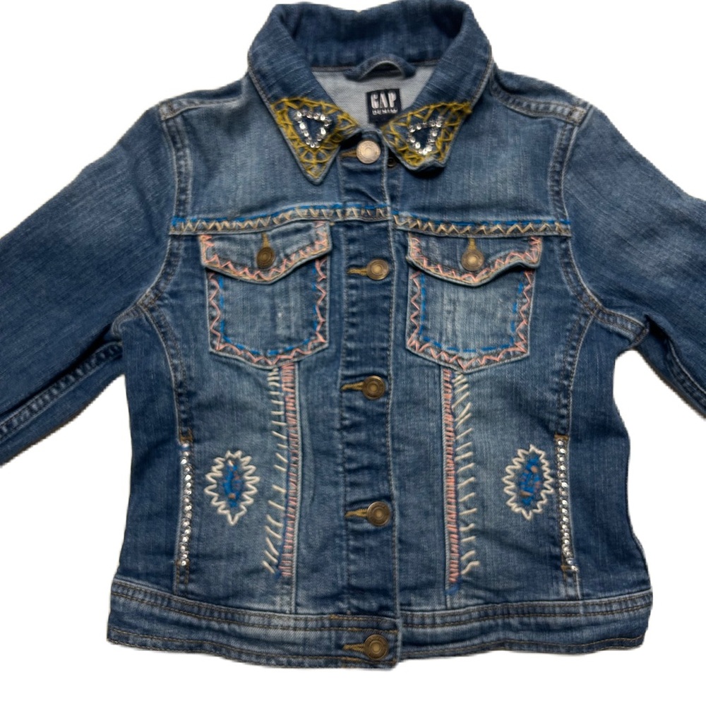 GAP Girl's Blue Jean Jacket Embroidered Tribal Country Rhinestones Western M 7/8
